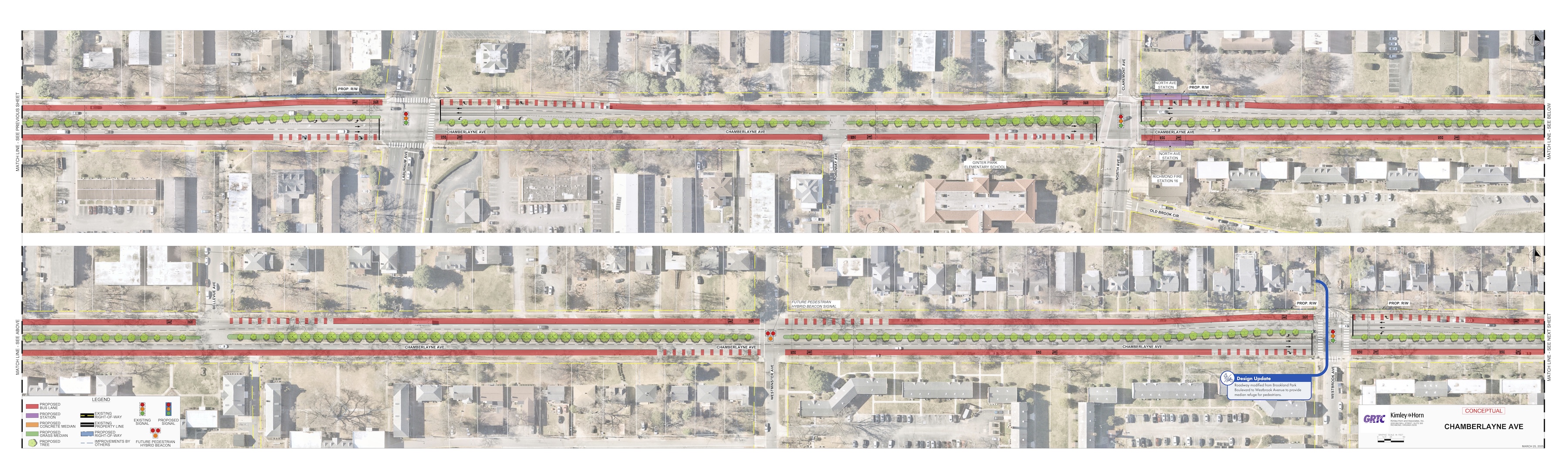 A detailed conceptual design map of Chamberlayne Avenue showing proposed roadway changes, including green spaces with trees, bicycle lanes, pedestrian crossings, and traffic signals. The map highlights existing and proposed infrastructure, with sections labeled for clarity.