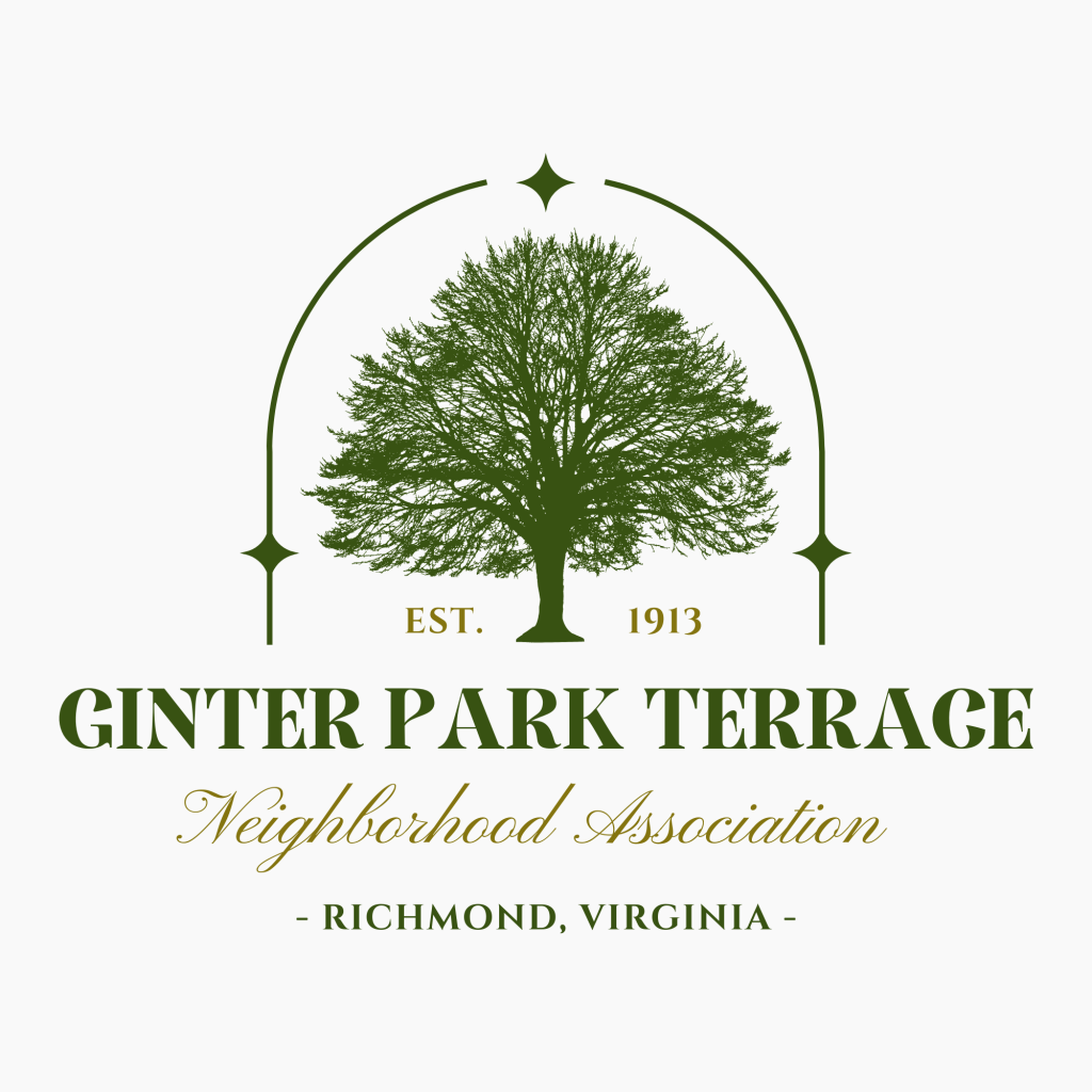 Logo of the Ginter Park Terrace Neighborhood Association featuring a stylized green tree, the text 'GINTER PARK TERRACE', and the establishment year 'EST. 1913' along with the location 'Richmond, Virginia'.