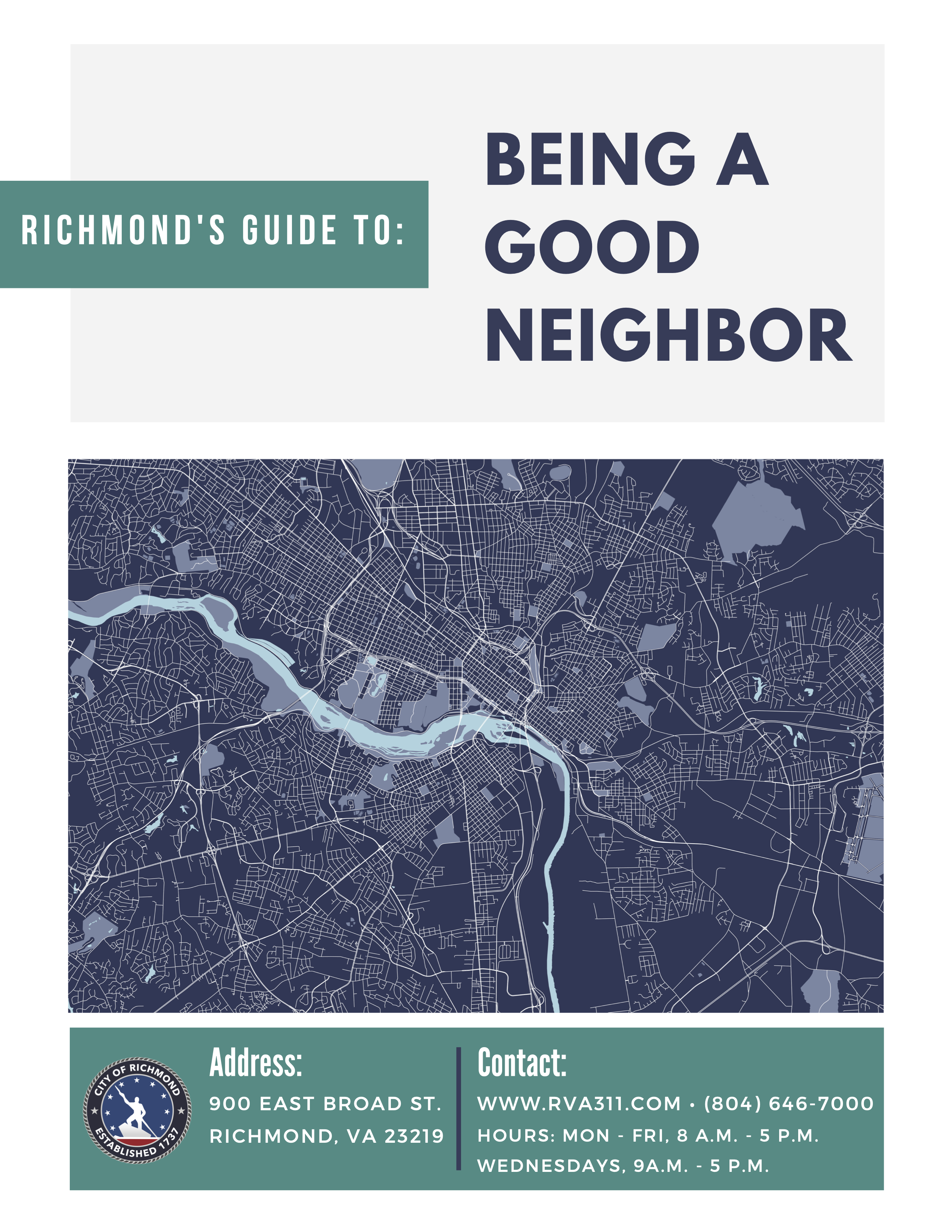 Richmond's Guide to Being a Good Neighbor, featuring a map of Richmond, VA, with contact information and address details.